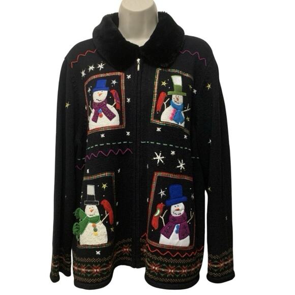 Vintage Studio Joy Snowman Christmas Sweater Jacket 1X Black Faux Fur Collar - Picture 1 of 9